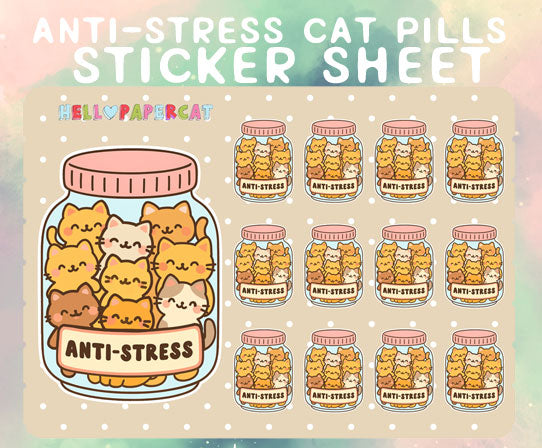 Anti-stress cat pills sticker sheet
