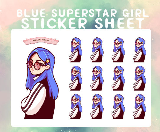 Blue haired Superstar anime girl sticker sheet