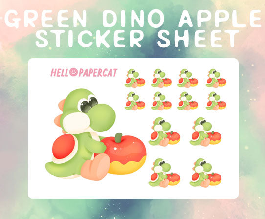 Green dino with apple sticker sheet