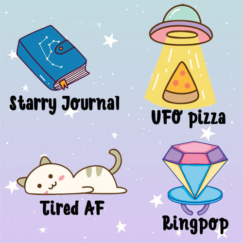 Starry Journa, Ufo, Tired AF, Ringpop die cuts