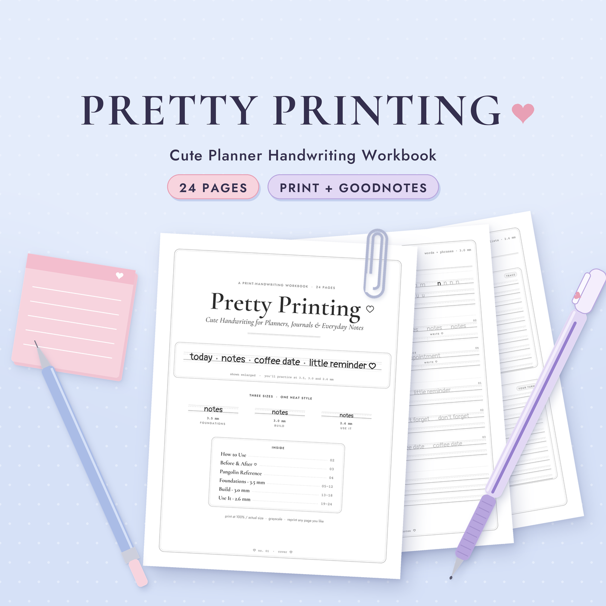 Pretty Printing Handwriting Workbook | Cute Handwriting Practice | Planner Handwriting Worksheets | GoodNotes & Printable PDF