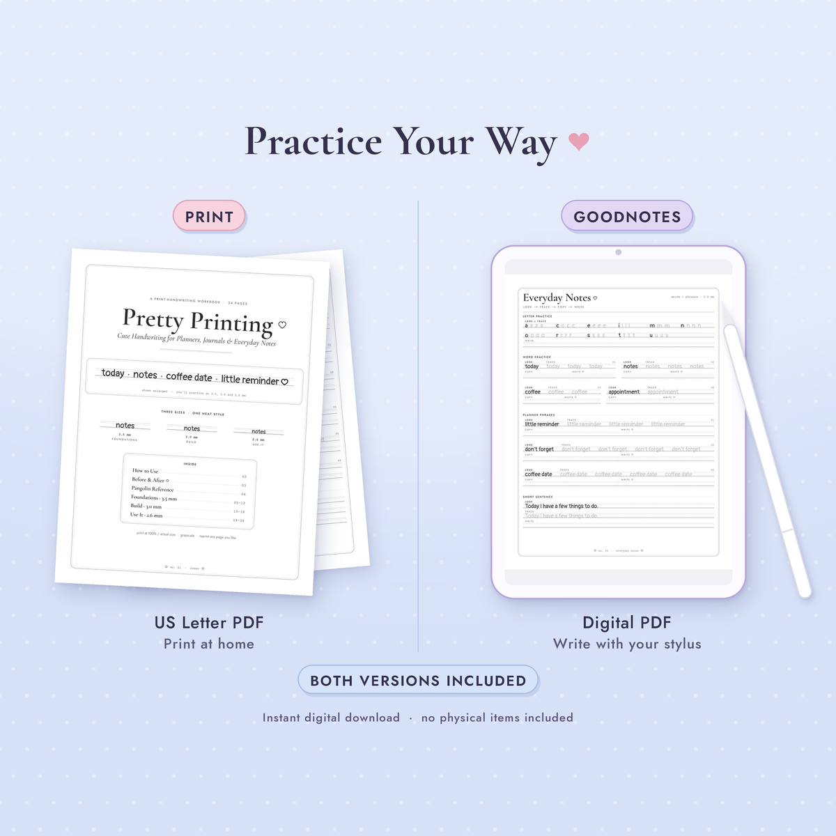 Pretty Printing Handwriting Workbook | Cute Handwriting Practice | Planner Handwriting Worksheets | GoodNotes & Printable PDF
