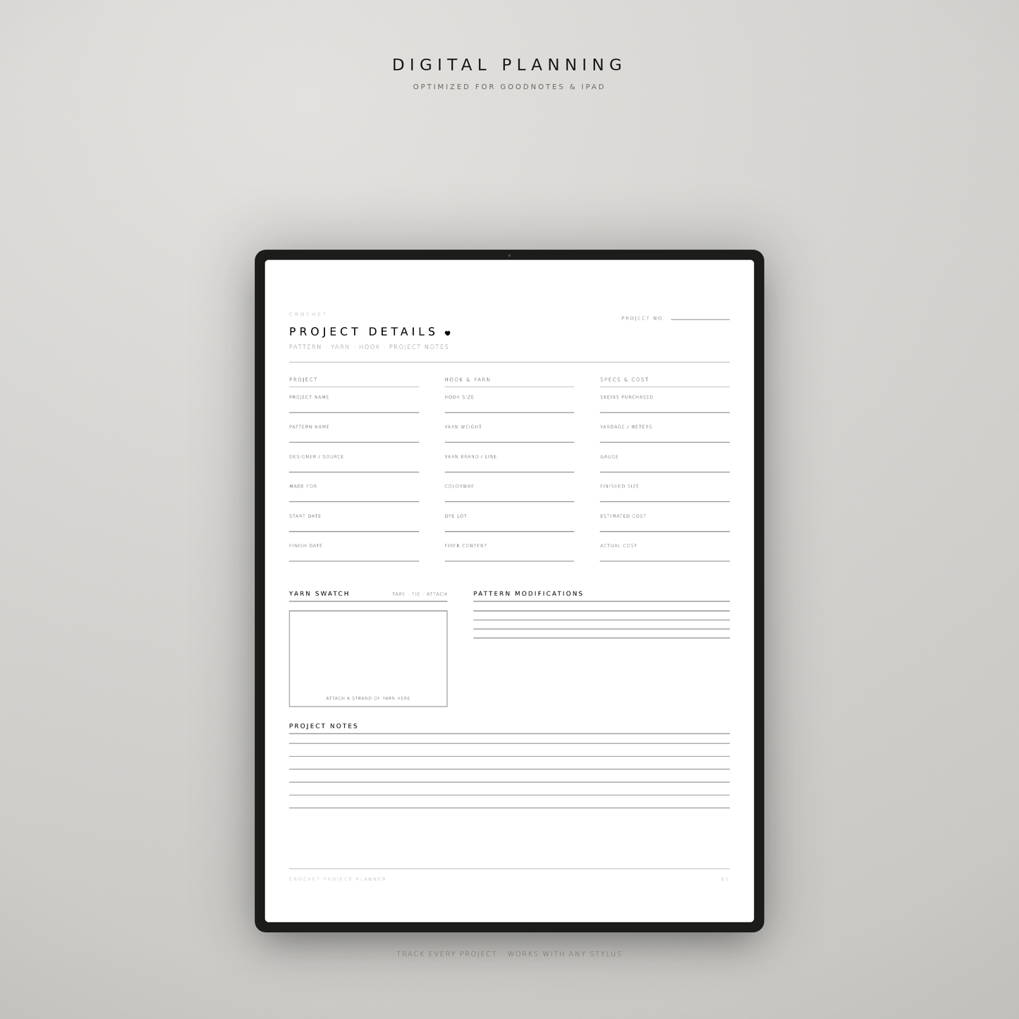 Crochet Project Planner – Printable Crochet Journal, WIP Tracker & GoodNotes Insert