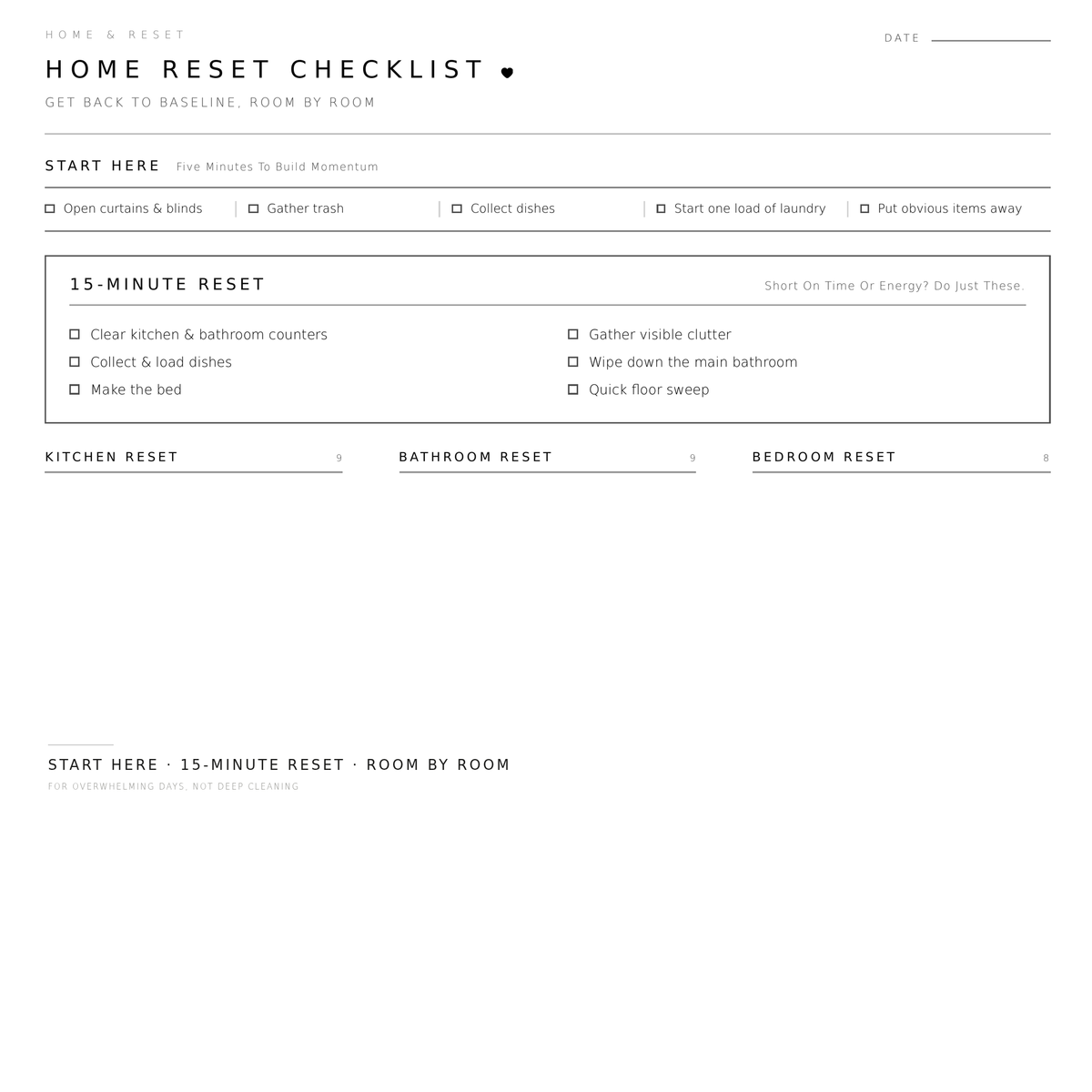 Home Reset Checklist – Printable Cleaning & Home Organization Planner