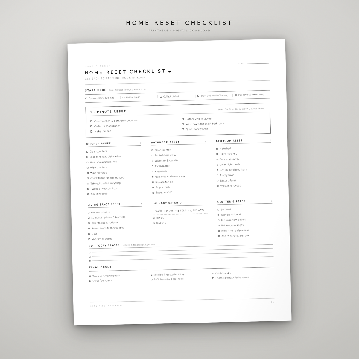 Home Reset Checklist – Printable Cleaning & Home Organization Planner