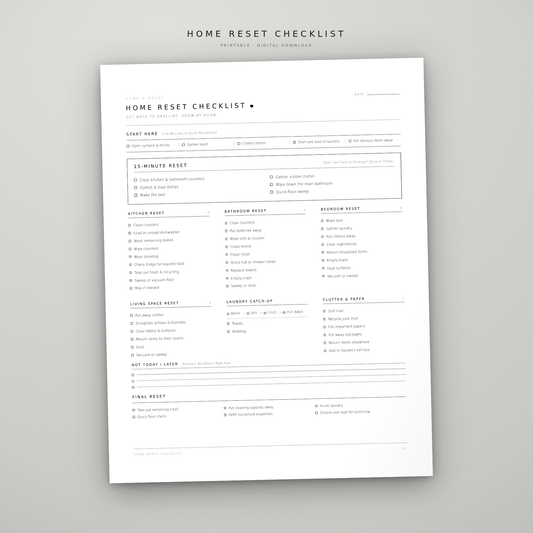 Home Reset Checklist – Printable Cleaning & Home Organization Planner