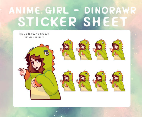 Anime girl - Dino rawr sticker sheet