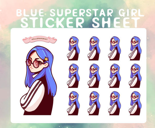 Blue haired Superstar anime girl sticker sheet