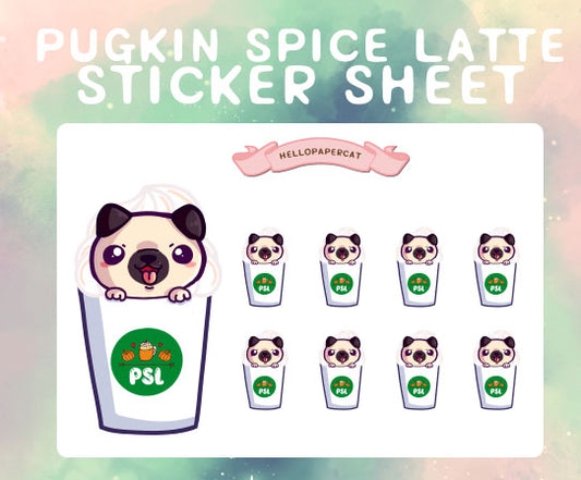 Pugkin Spice Latte sticker sheet